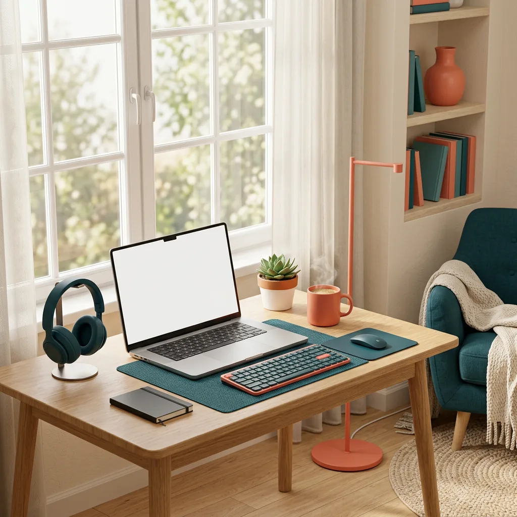 A warm hybrid workspace with a laptop, coffee and plants